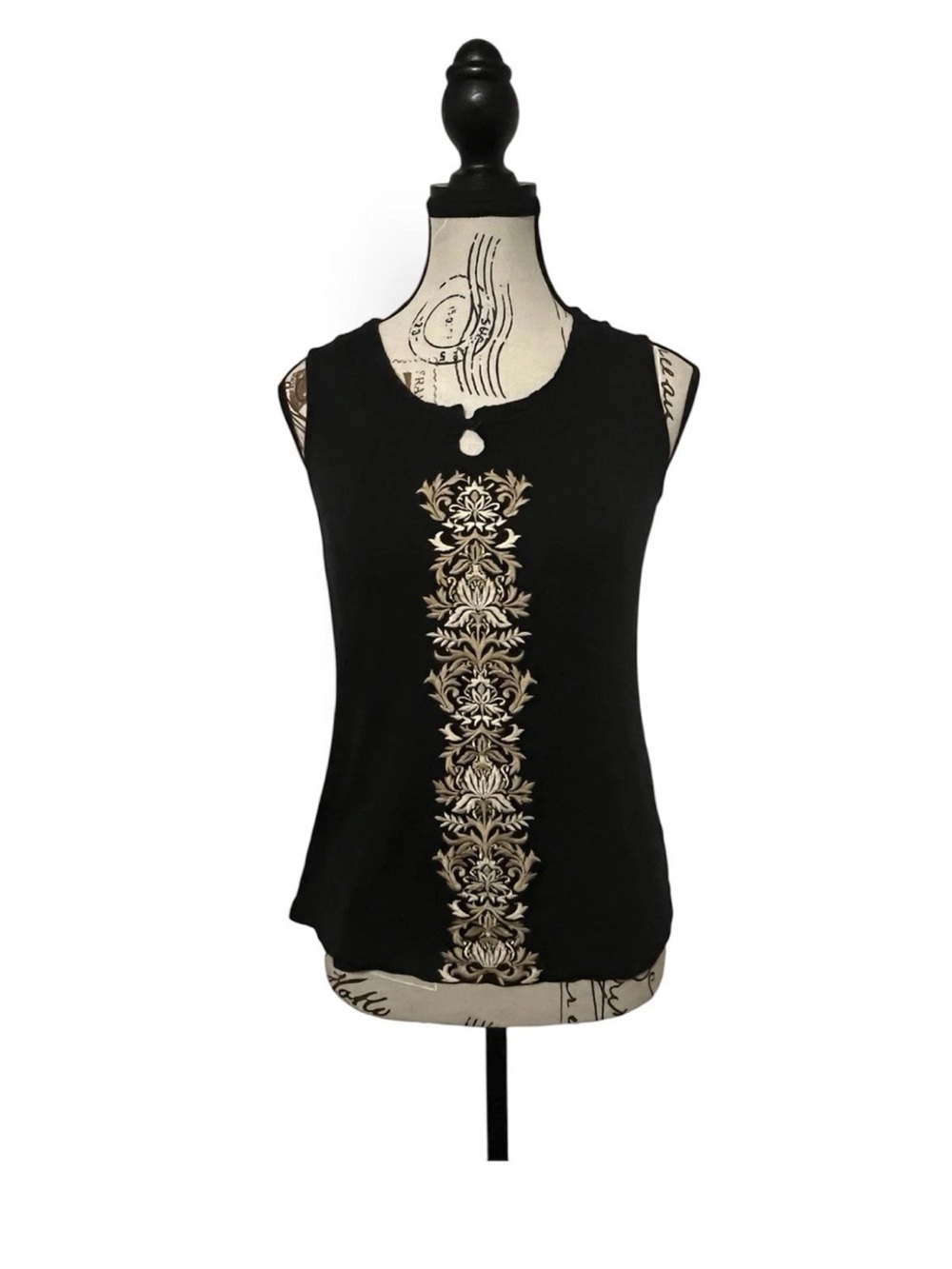 Croft & Barrow Tank Top Womens Black Gold Embroidered Keyhole Sleeveless small